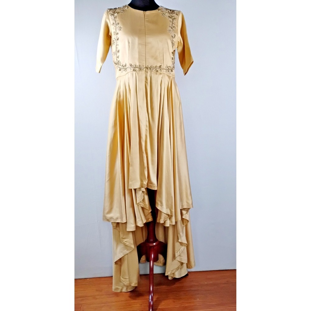 Nazila Couture sz Med Heavy Silk Gold High-Low Runway Gown  Embroidered & Beaded
